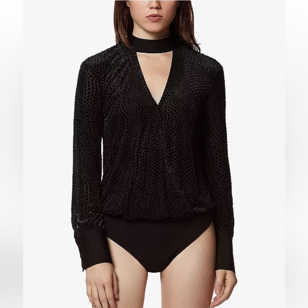 Avec Les Filles‎ Black Velvet Dot-Print Burnout Goth Bodysuit Size Medium